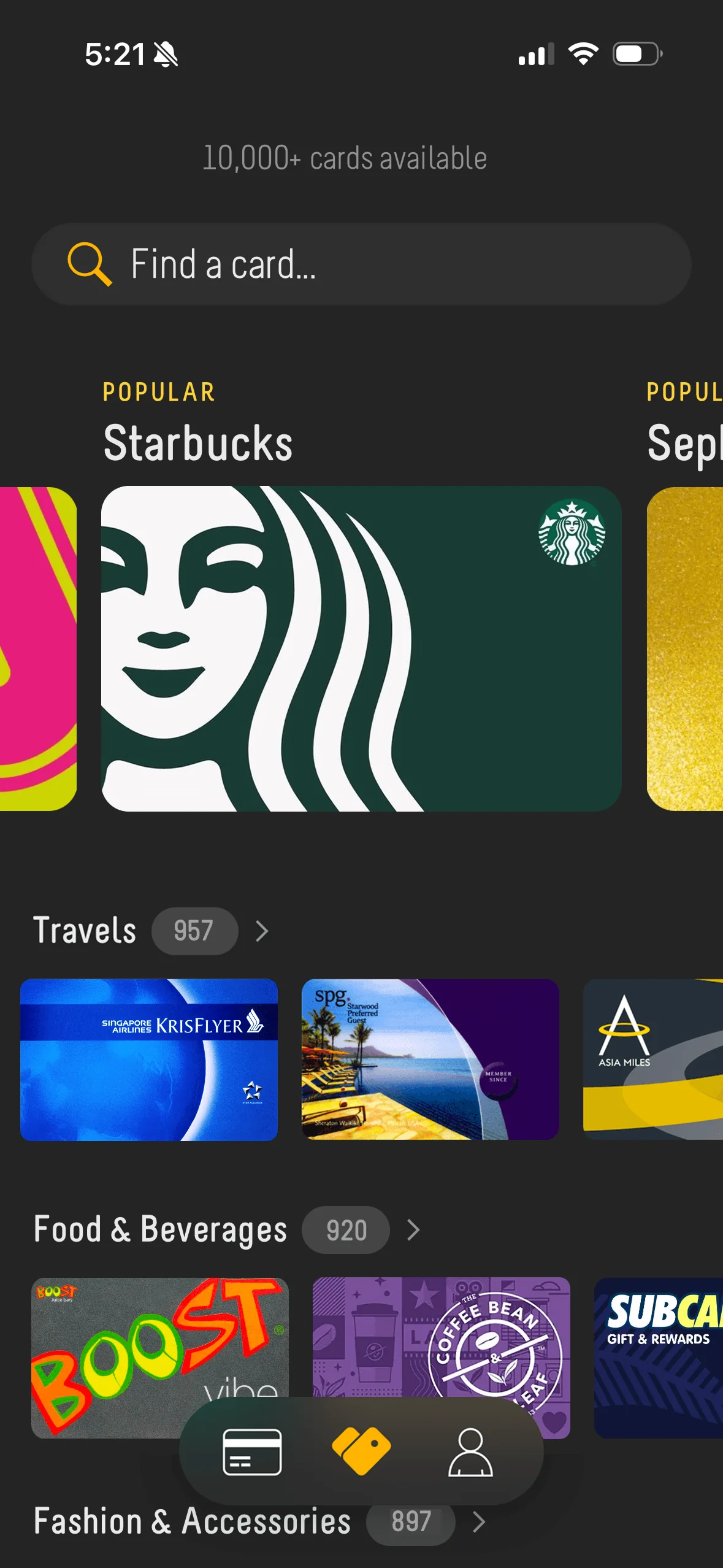 The Perkd card library — 10,000+ cards available, searchable and grouped by category
