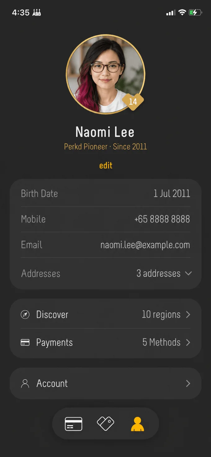 A Perkd member profile showing tenure and the gold Perkd Pioneer badge