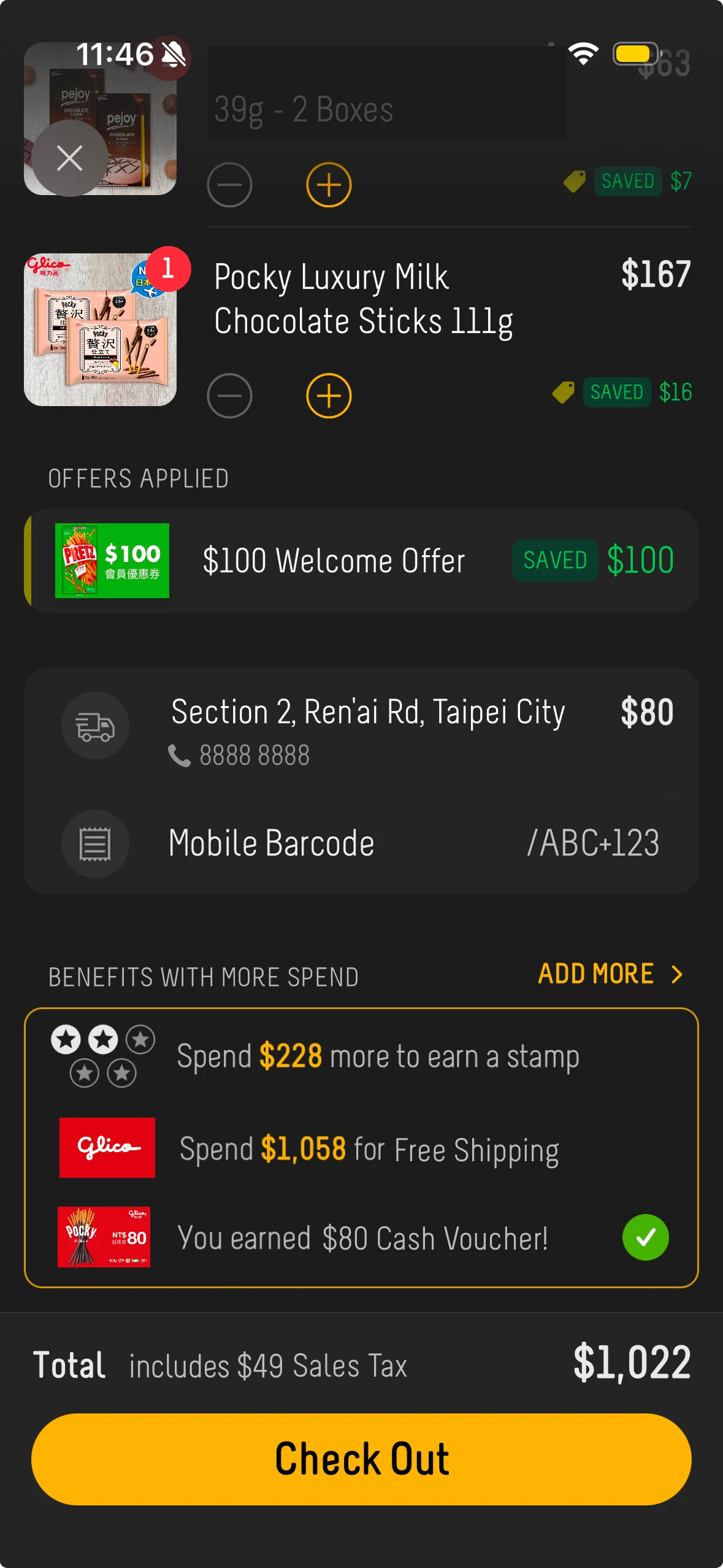 The bag inside the message, listing items, an applied offer, stamp progress and a checkout button