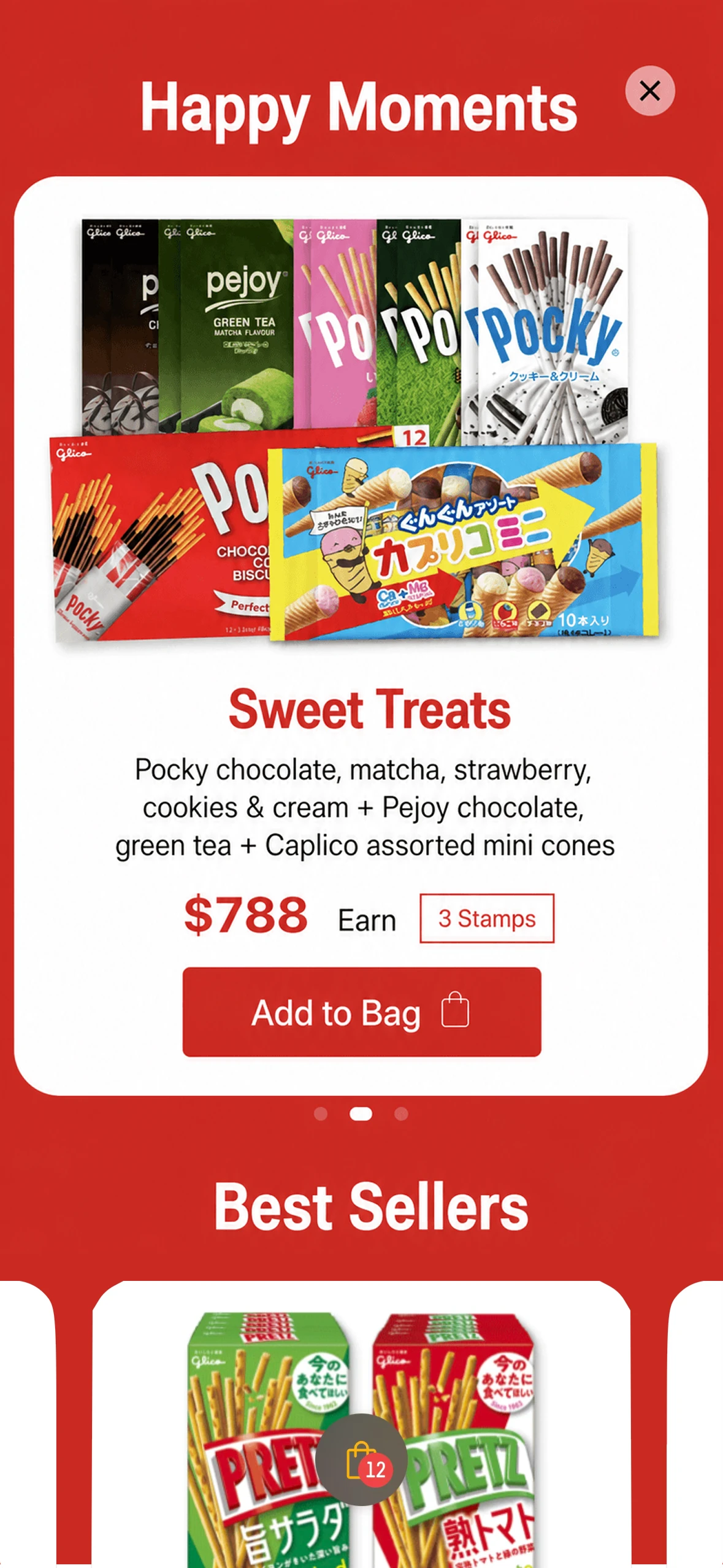 A rich message showing a product carousel with prices and an add-to-bag button