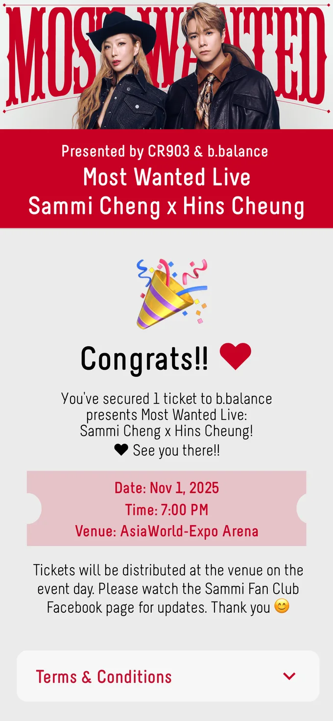 The same rich message confirming a ticket was secured, with the date, time, venue and expandable terms