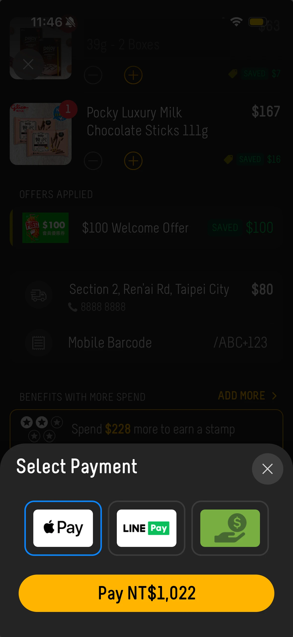 The payment sheet open over the bag, offering Apple Pay, LINE Pay and card