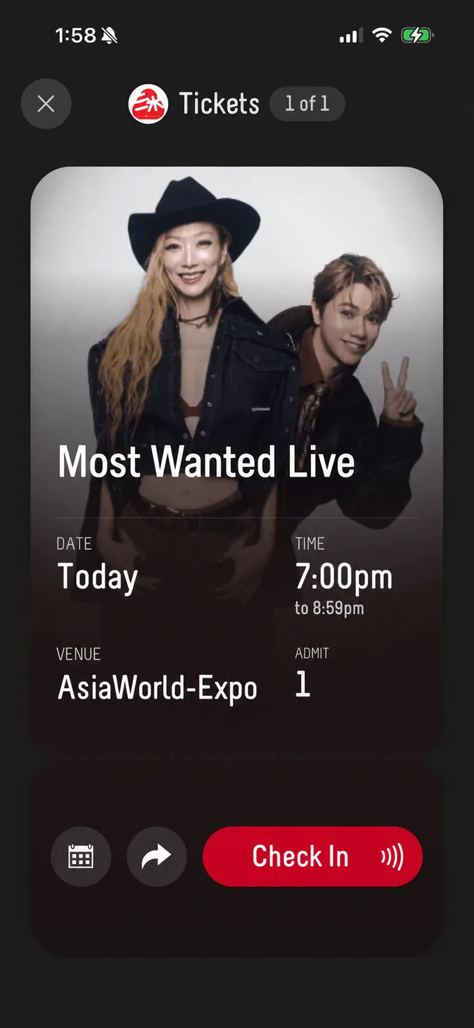 The secured ticket in the Perkd wallet, showing date, time, venue, admission and a check-in button