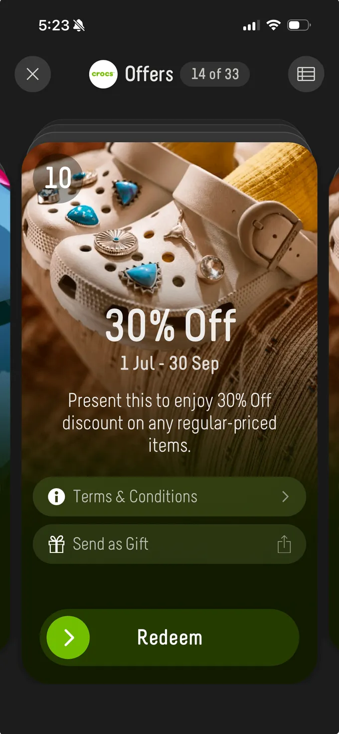 A second offer in the same card, fourteen of thirty-three, with terms and an option to send it as a gift