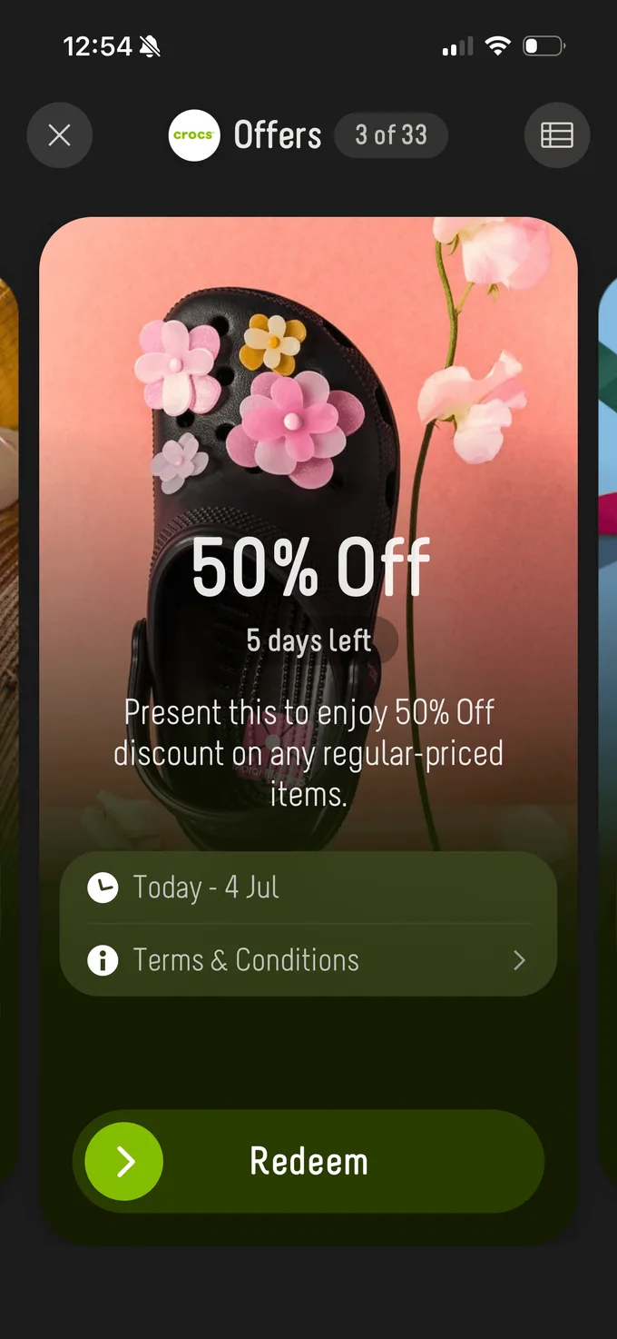 An offer inside a card in the Perkd wallet, three of thirty-three