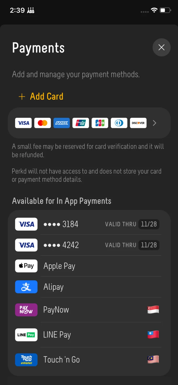 The payment methods sheet in the Perkd wallet